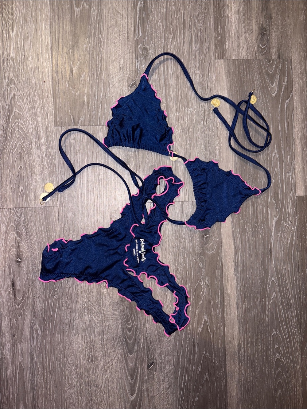Kulani Kinis Navy Bikini with Pink Trim Ruffle Accents